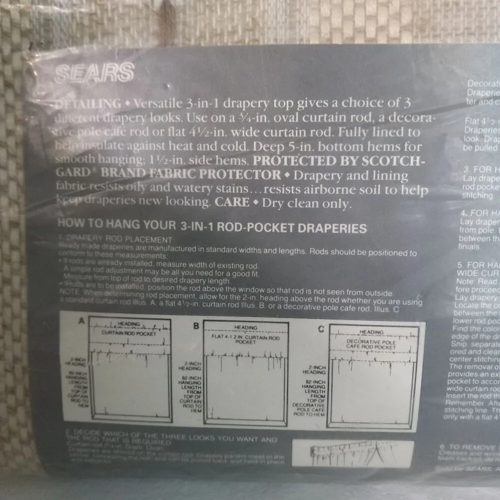 Sears 3-In-1 Lined Rod-Pocket Draperies Pair 80